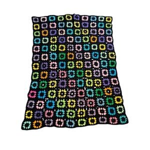 Crochet Granny Square Afghan Blanket Throw Multicolor Black 56 X 44 Inches